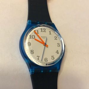 Swatch Watch Dark Gray and Blue, Neon Orange Hands